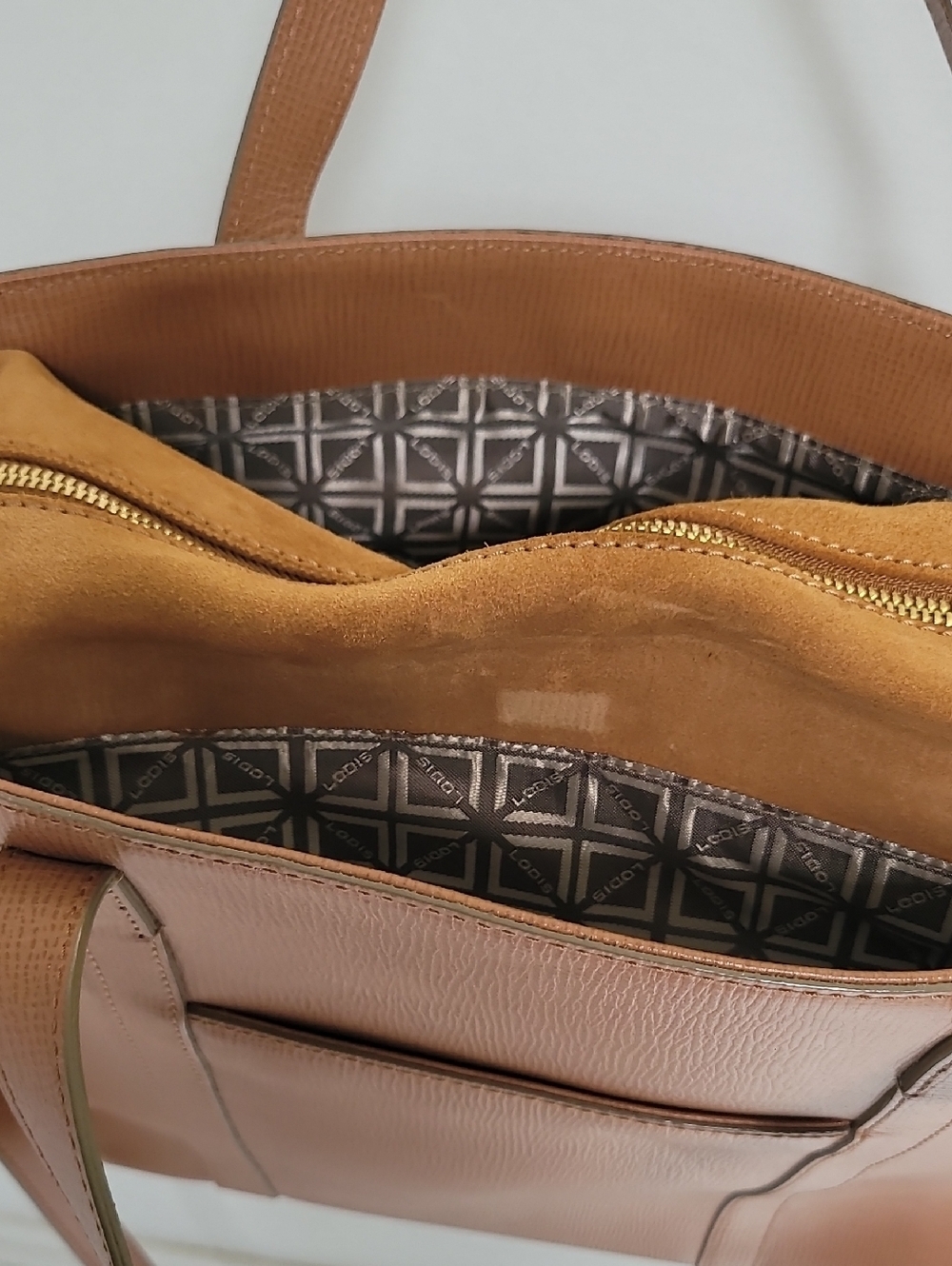 Lodis RFID Leather Tote Tan Crosshatch & Suede Large Zip Work Bag - Picture 8 of 12